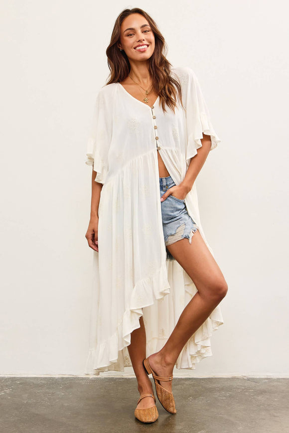 BUTTON CLOSURE RUFFLE HEM DUSTER