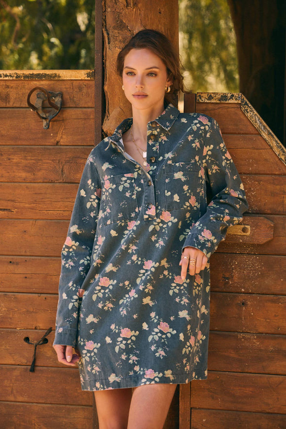 MINERAL-WASHED VICTORIAN FLORAL MINI DRESS