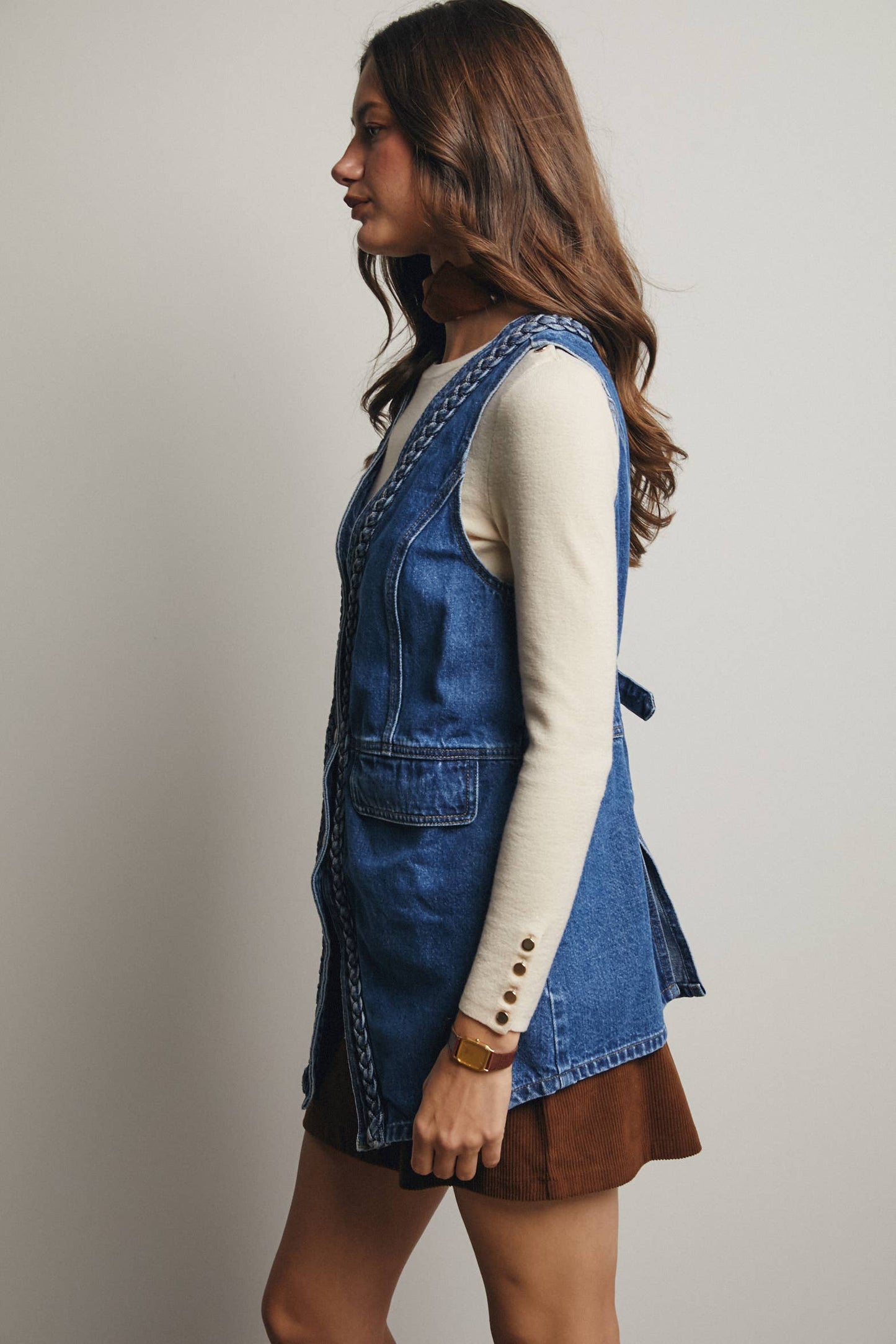 Braided Trim Denim Vest