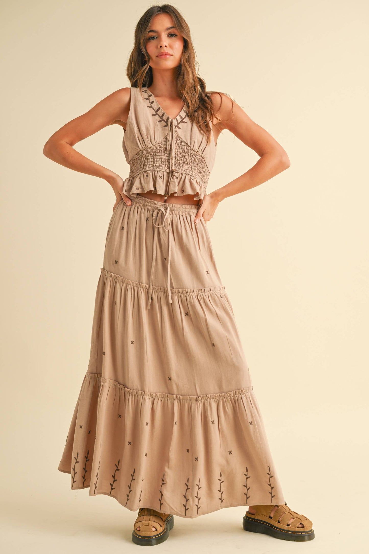 Embroidered Tiered Midi Skirt