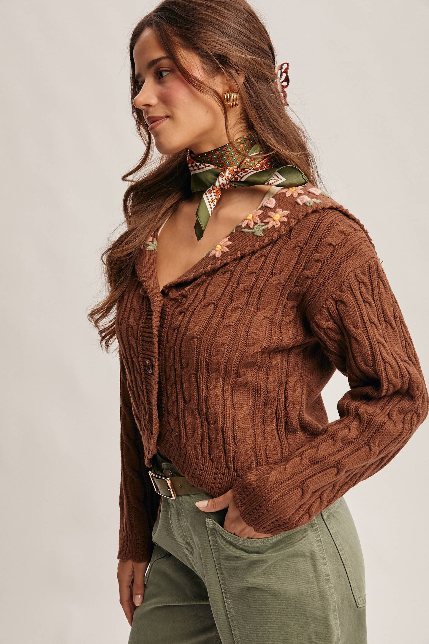 Cable Knit Embroidered Collar Cardigan