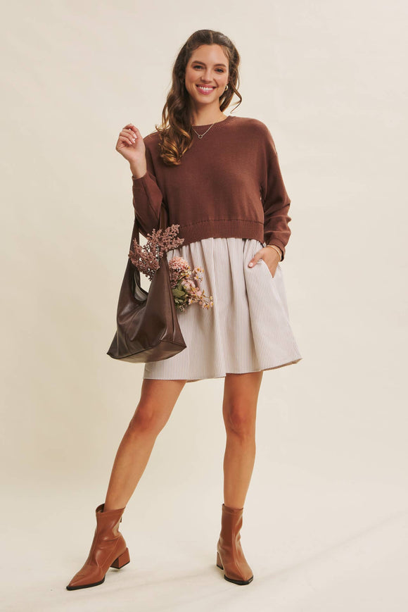 BACK RIBBON TWOFER MINI SWEATER DRESS