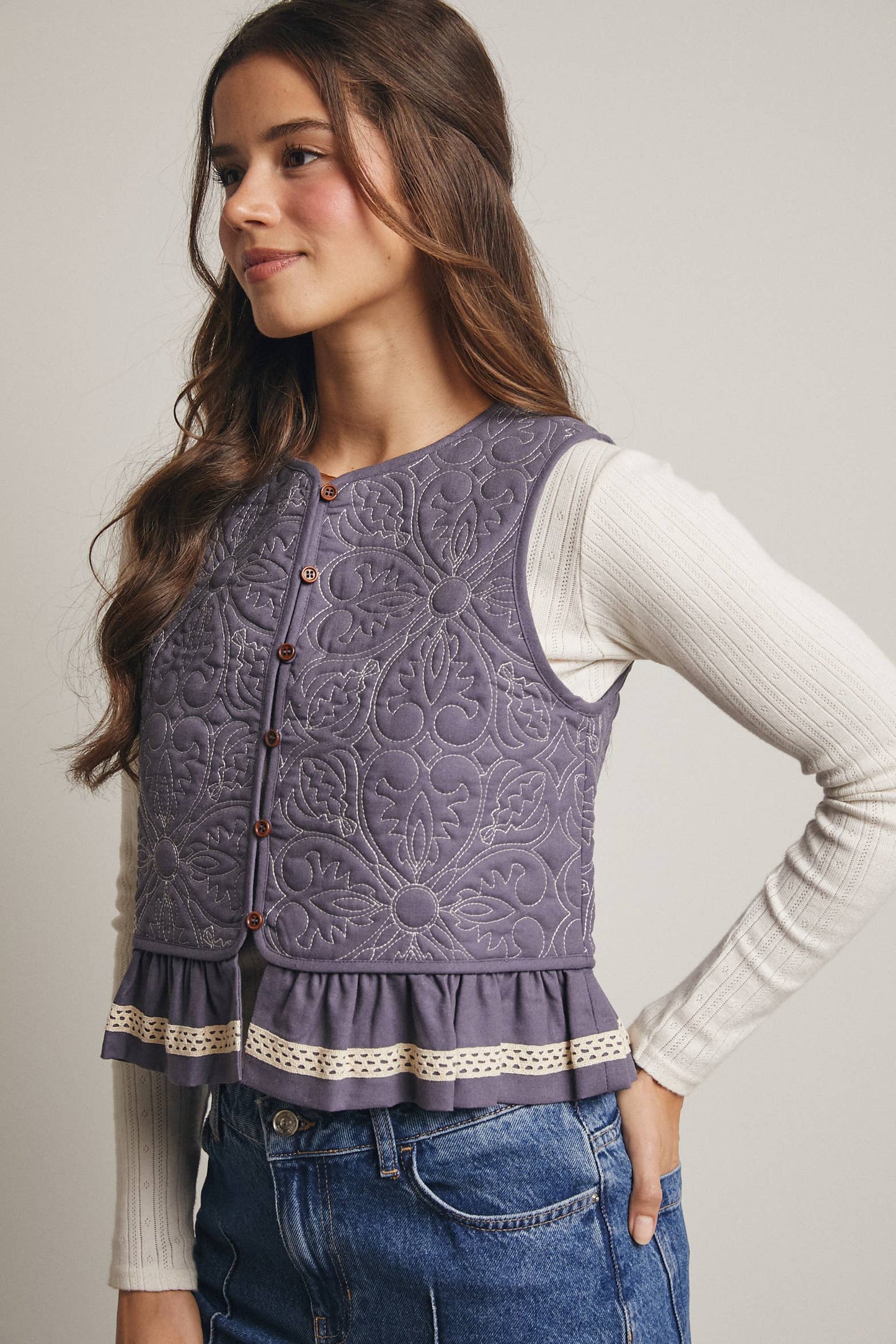 Quilted Peplum Vest with Lace Trim