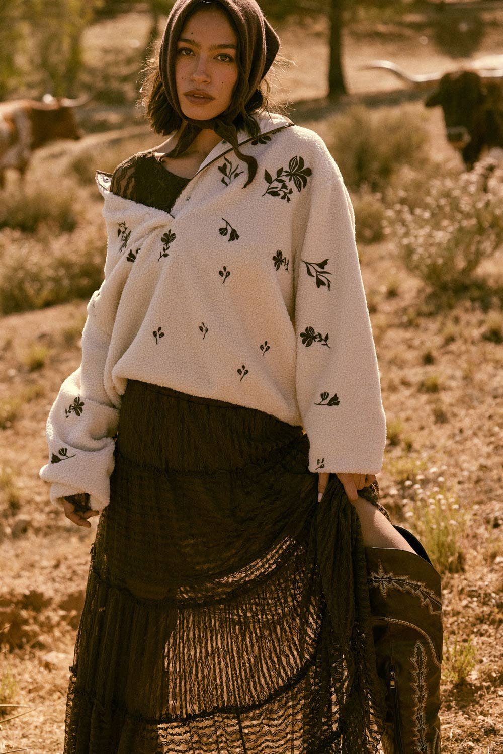 Floral-Embroidered Fleece Pullover