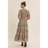 SMOCKED FLORAL CHIFFON MAXI DRESS