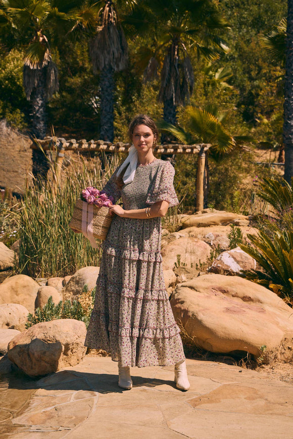SMOCKED FLORAL CHIFFON MAXI DRESS