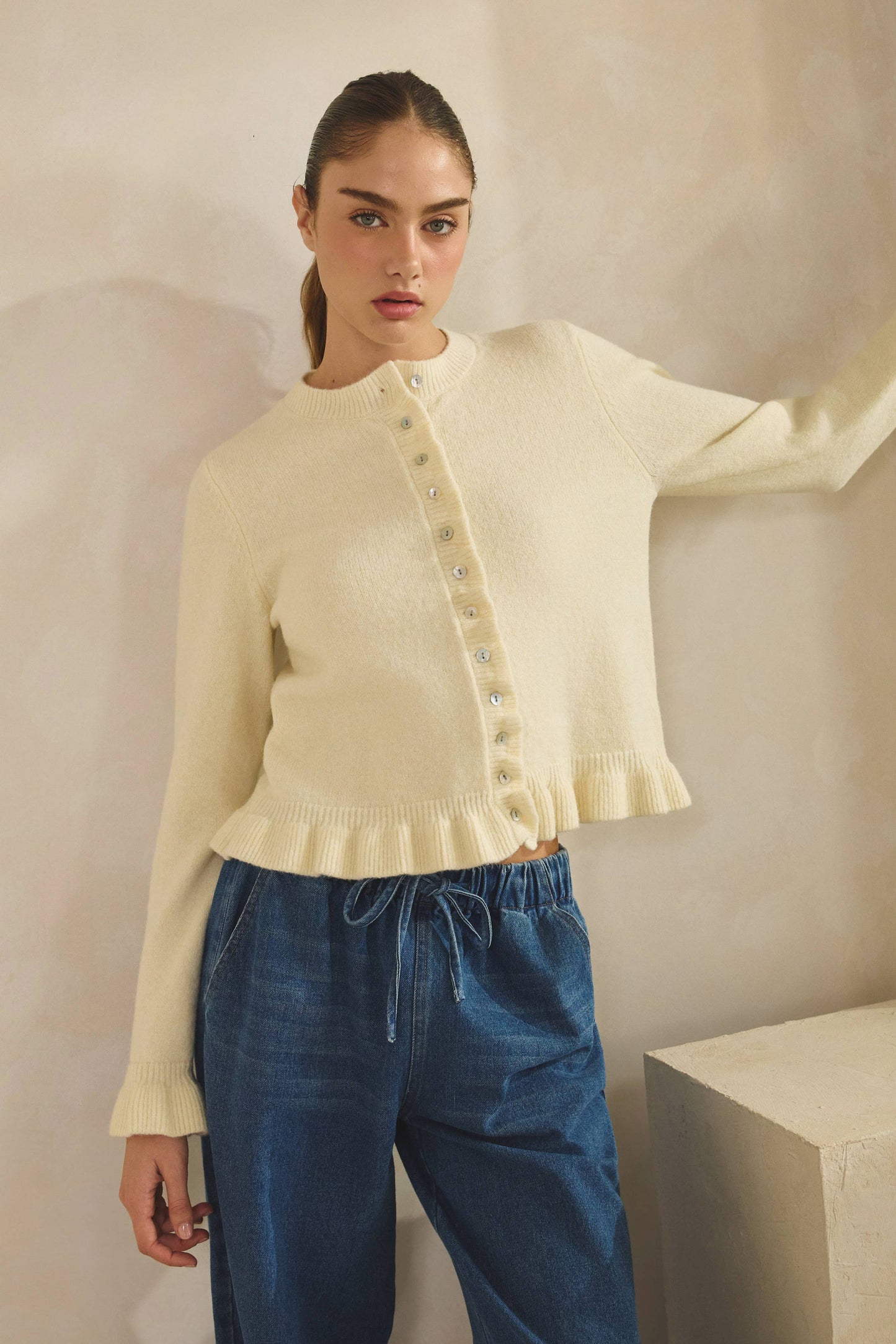 Ruffle Trim Knit Cardigan