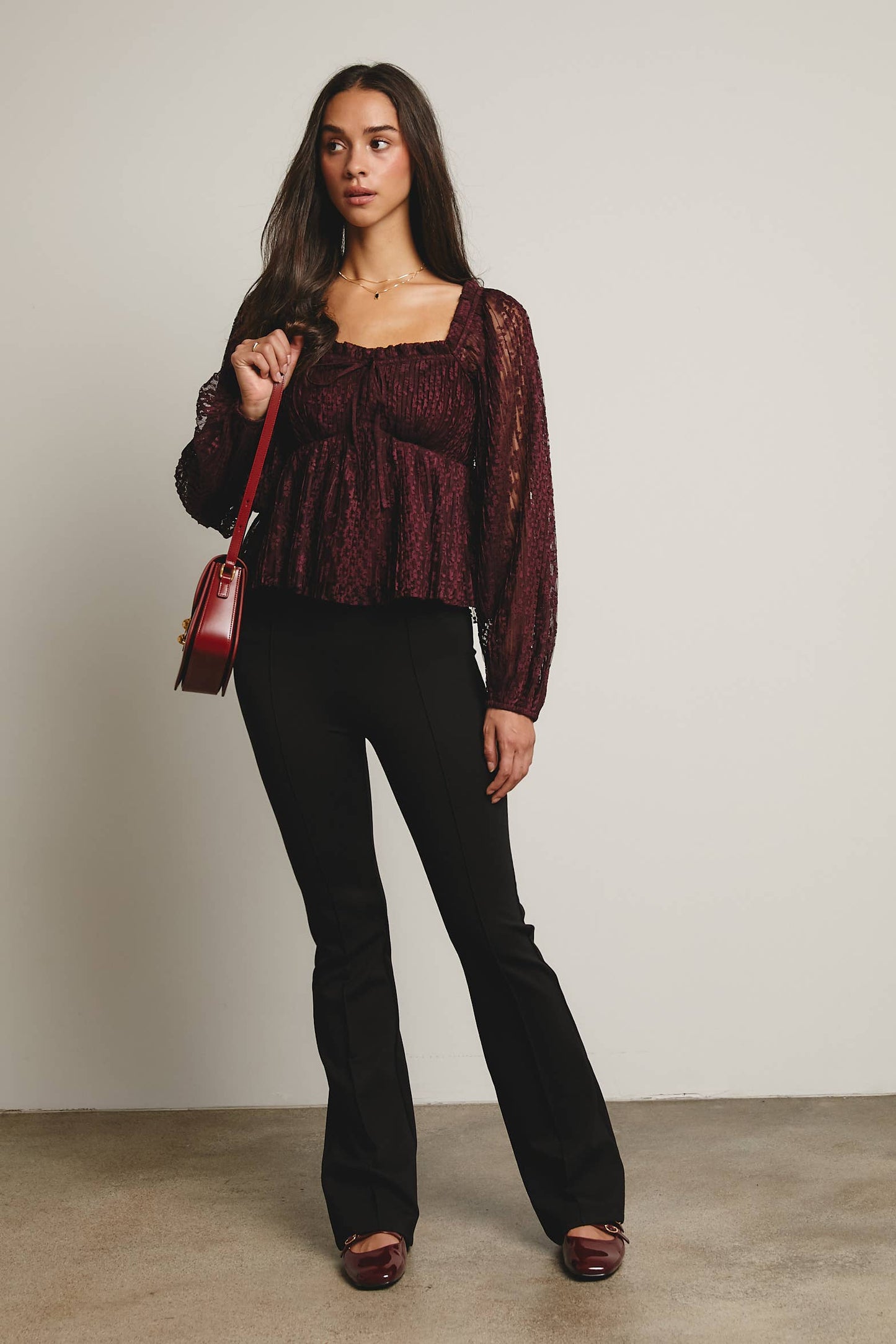 Pleated Lace Peplum Blouse