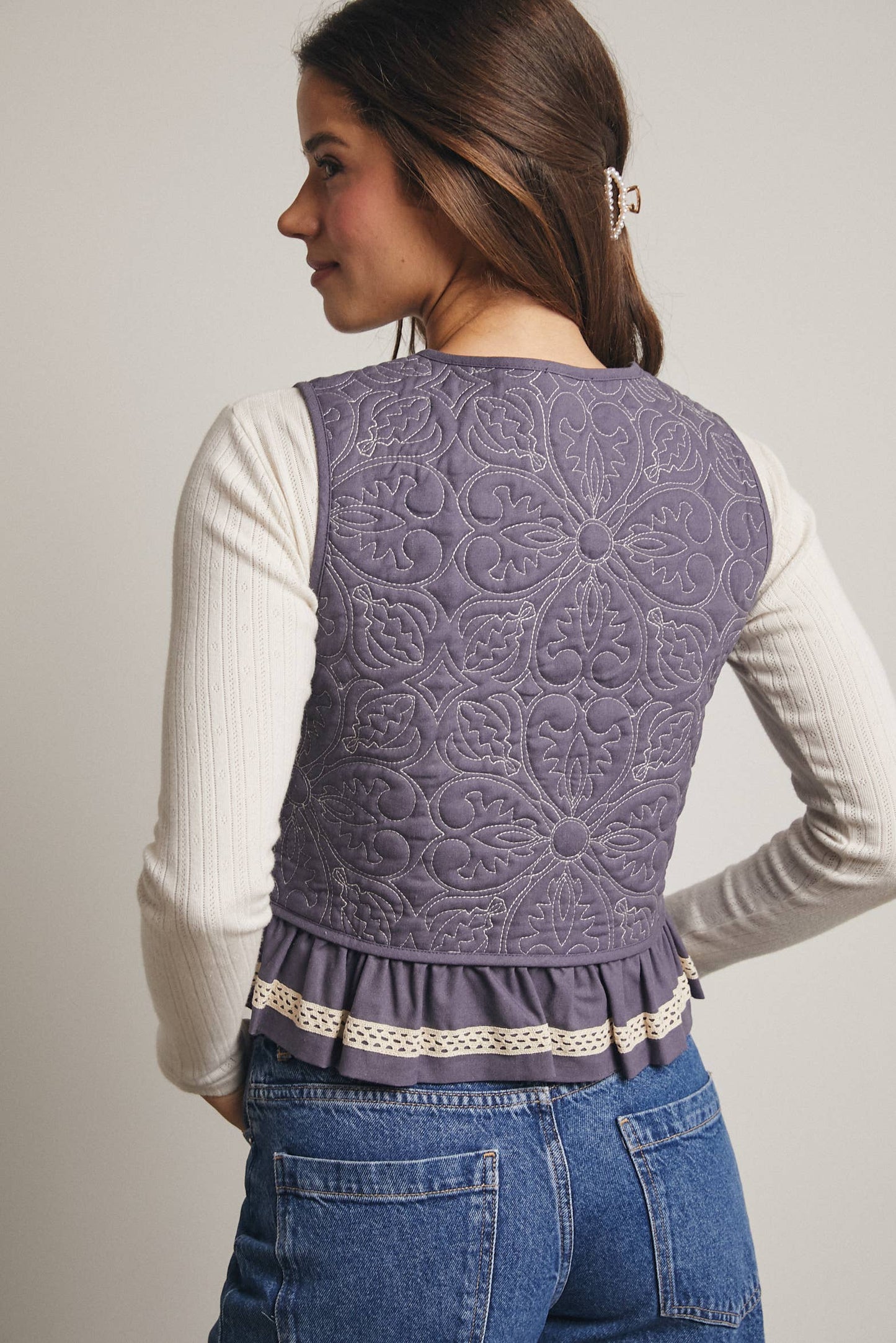 Quilted Peplum Vest with Lace Trim