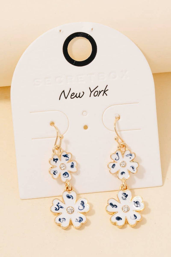Blue Ceramic Double Flower Dangle Earrings