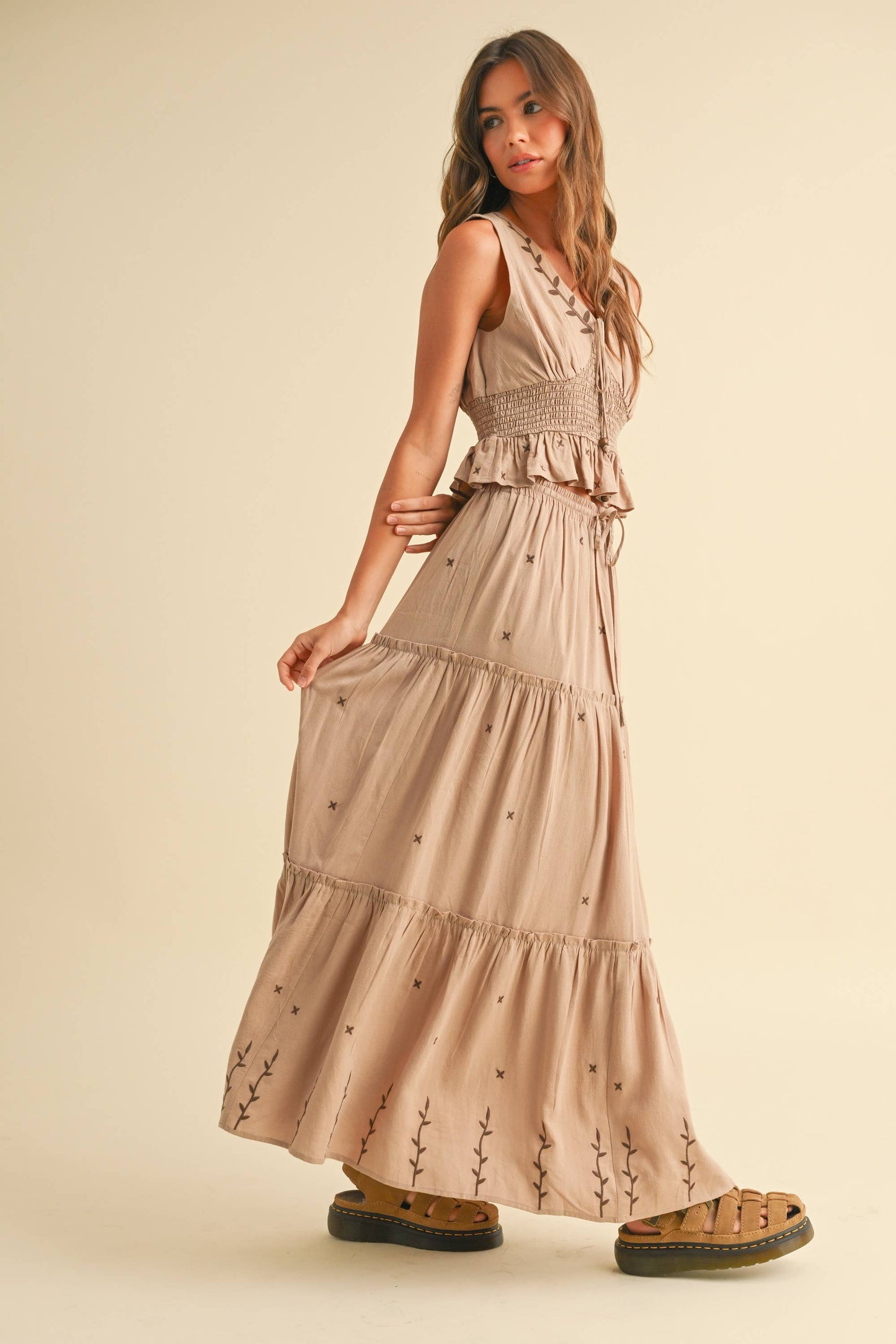 Embroidered Tiered Midi Skirt