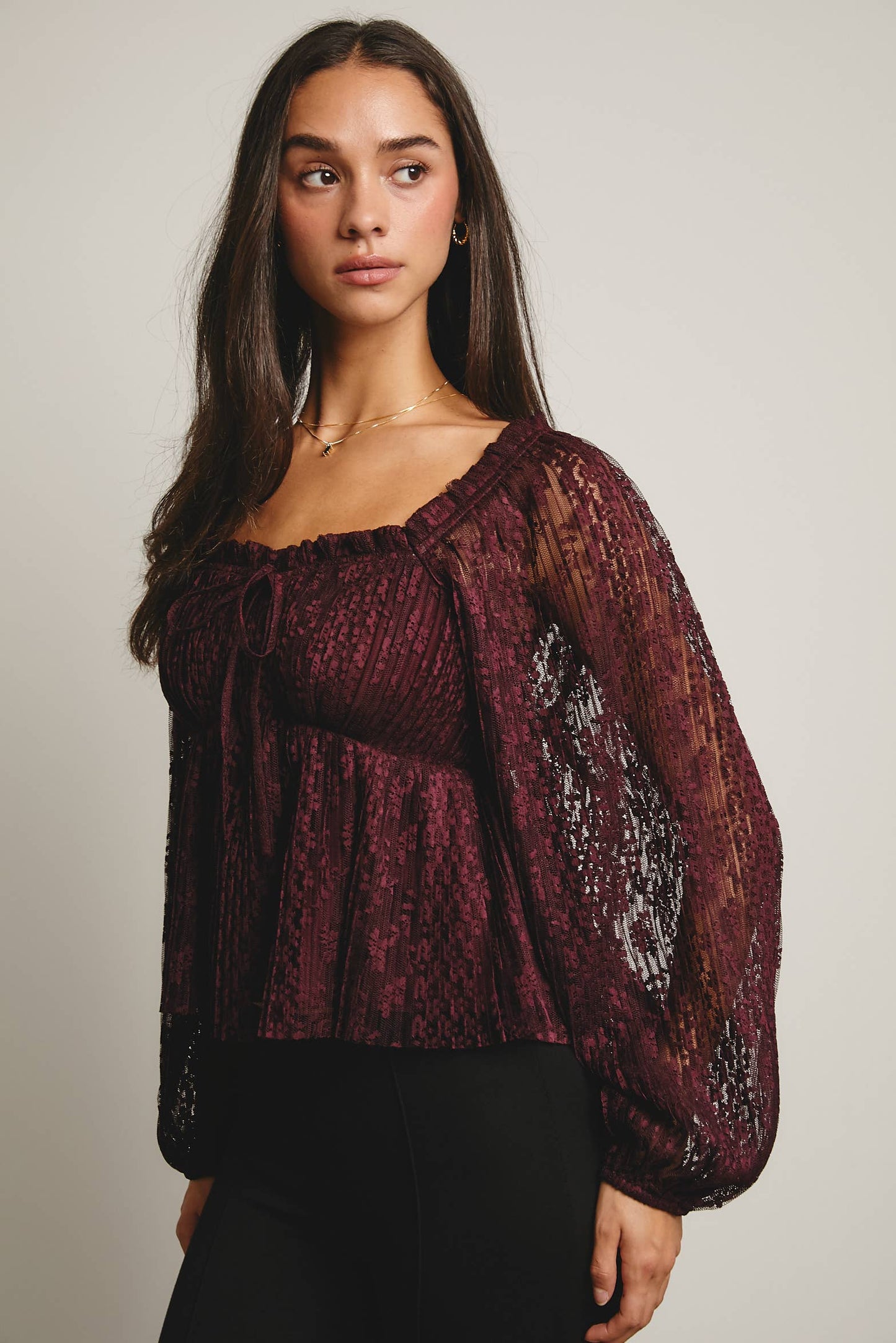 Pleated Lace Peplum Blouse