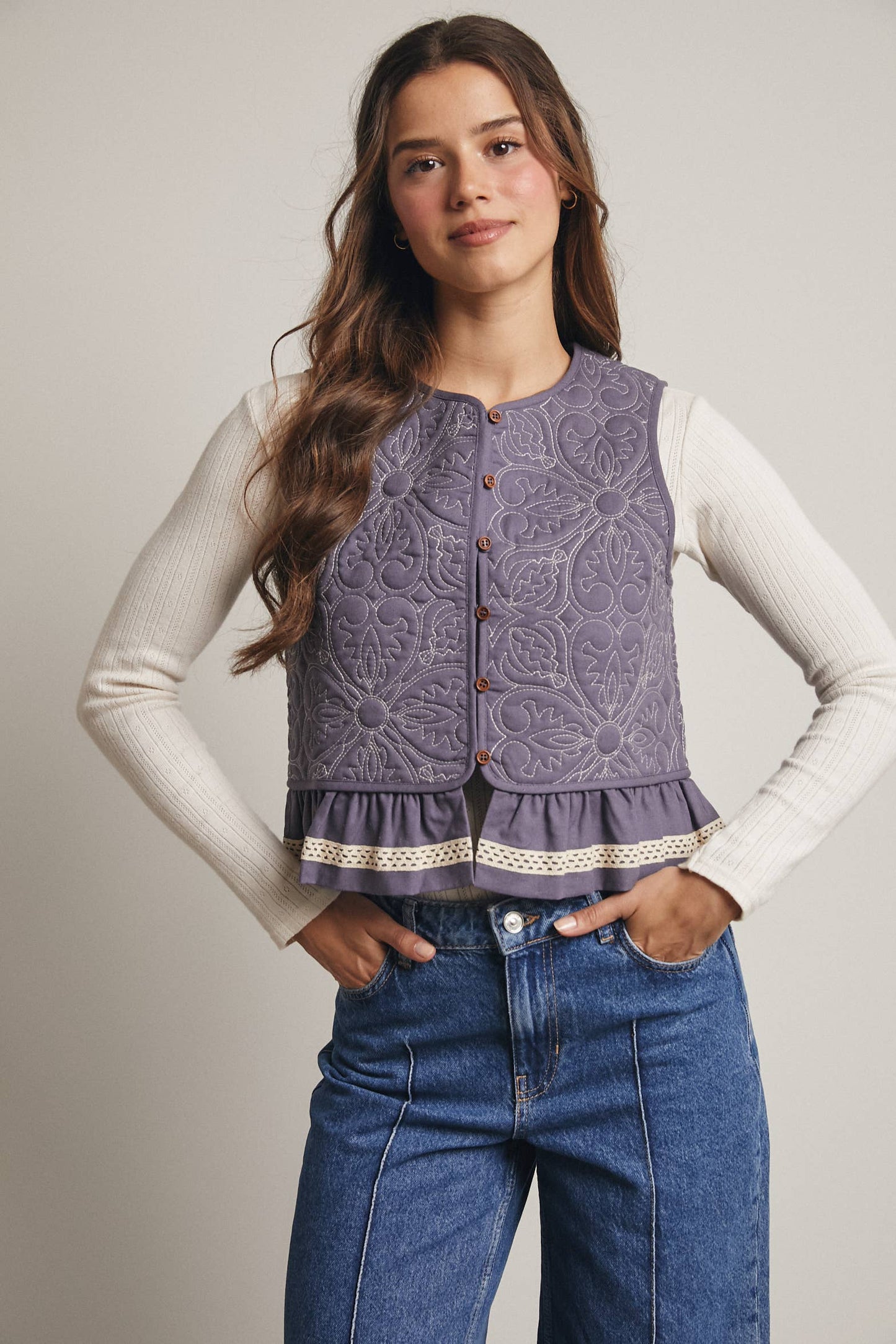 Quilted Peplum Vest with Lace Trim