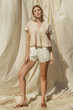 V-NECK WIDE SHOULDER RUFFLE TOP