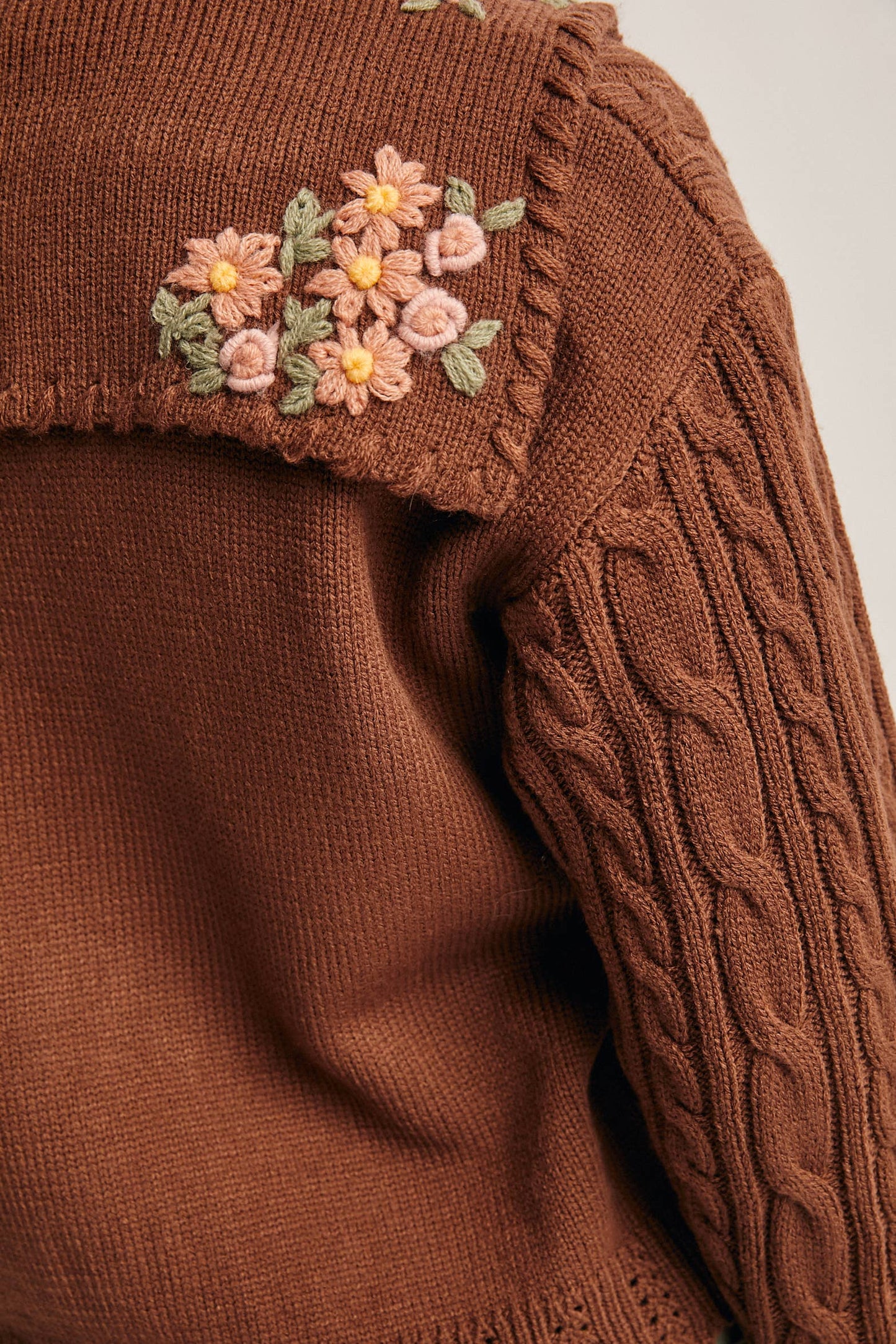 Cable Knit Embroidered Collar Cardigan