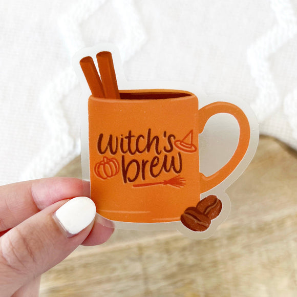 Clear Witch's Brew Coffee Mug Sticker 2.9x2.8 in.