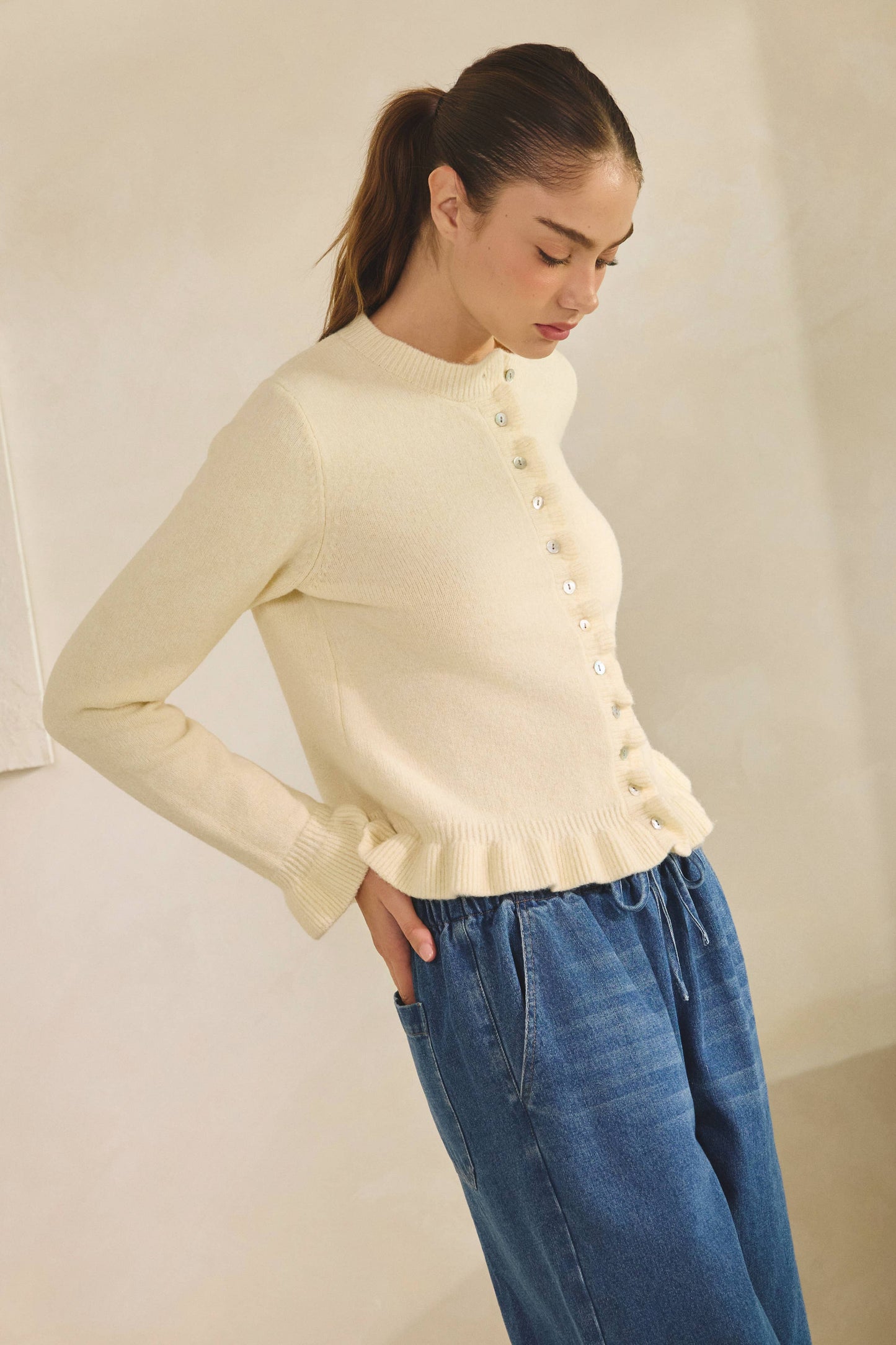 Ruffle Trim Knit Cardigan
